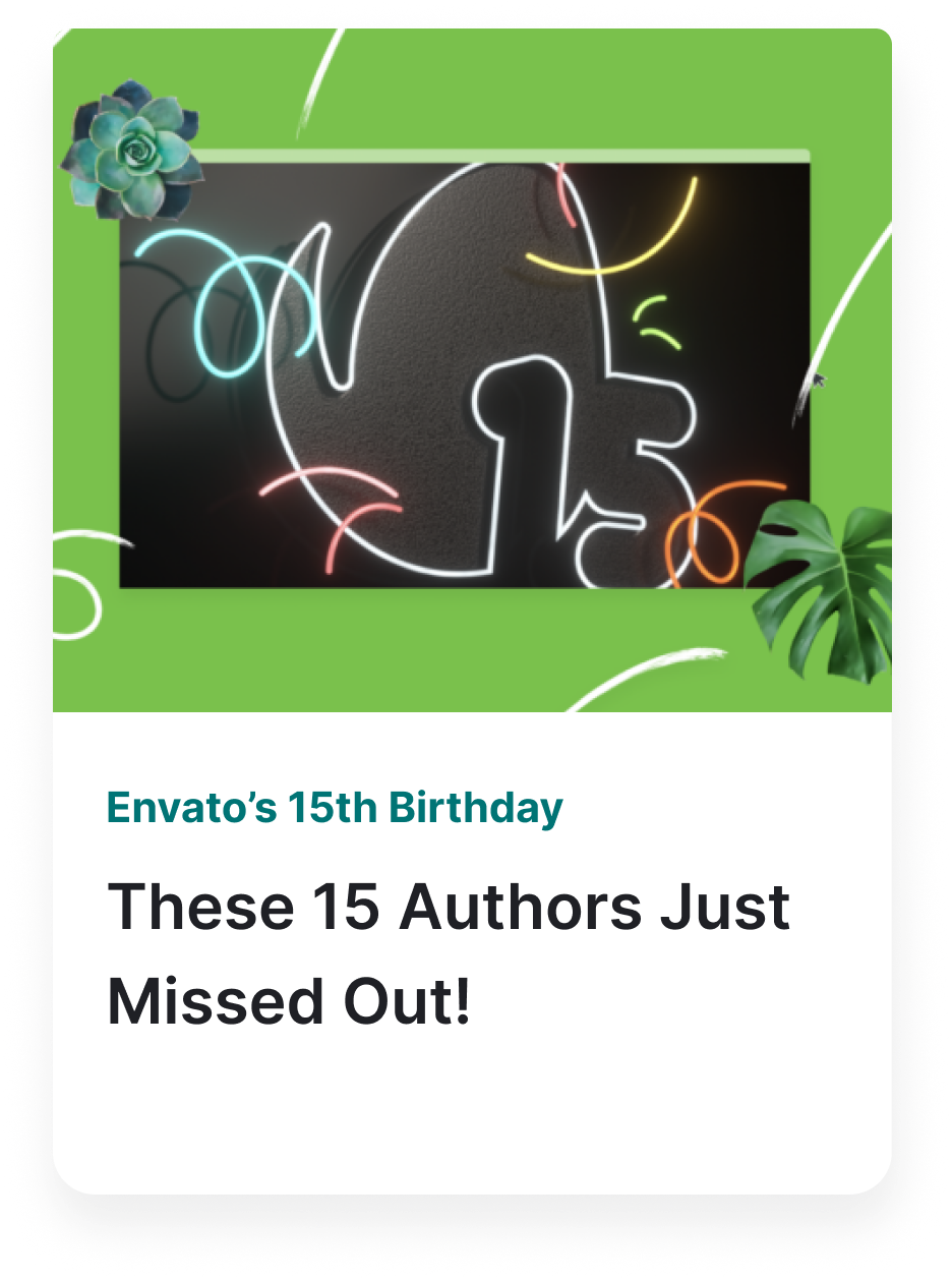 Envato blog tile linking to our 15th birthday competition runners up. Click through for inspiration for your entry for your 16th birthday competition entry. 
