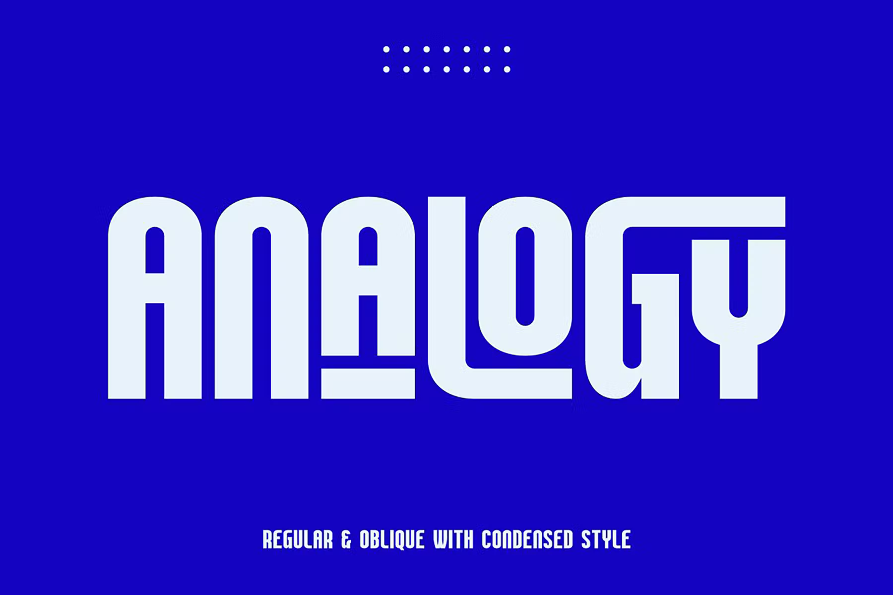 Popular sans serif font Analogy in a bold and large type on cobalt blue background. Text is 