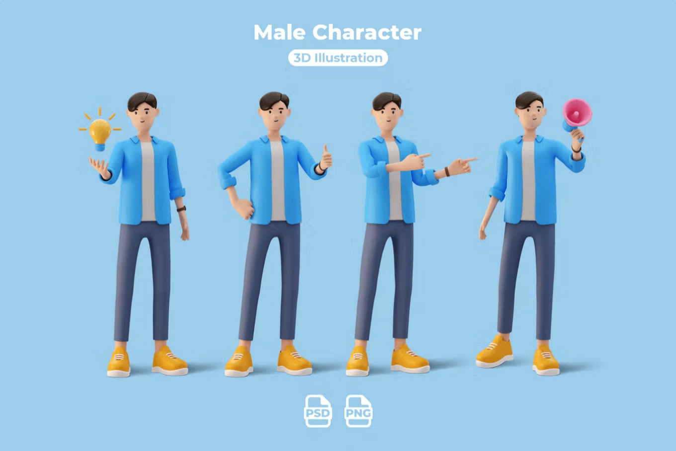 Sky blue background with sky blue background and four illustrated 3D male figures. Each figure is of the same man. He is caucasian with dark brown hair, a blue shirt with a white t-shirt underneath. He is wearing dark grey pants and yellow sneakers. From left to right: the first figure is holding a lightbulb, the second is giving a thumbs up, the third is pointing finger guns, and the last is holding a pink megaphone.