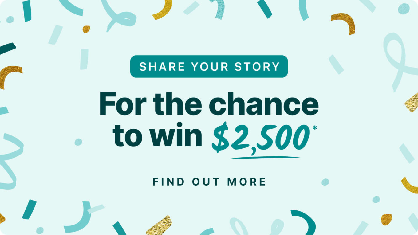 Teal and confetti background with text that says:
"Share your story for the chance to win $2500. Find out more."

This is a graphic for Envato's 16th Birthday Competition.