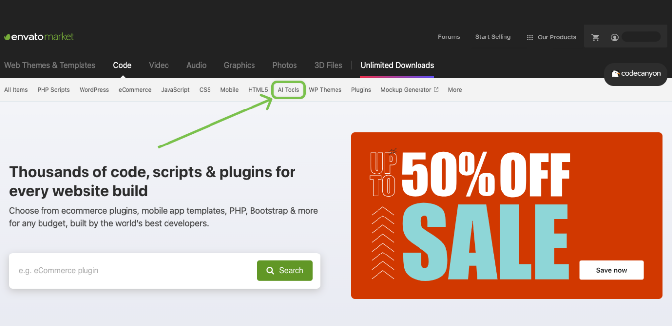 Screenshot of CodeCanyon with AI tools category highlighted