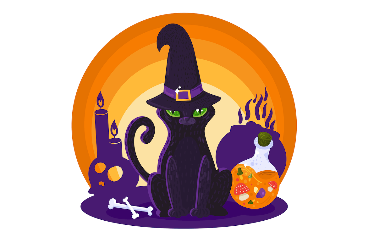 Halloween Witch Cat Illustration contains vector isolated bright Halloween illustration with such holiday symbols as scary black cat character with witch's hat, bones, skull, candle, bottle with poison mushroom and pot or cauldron with potion in cartoon style.