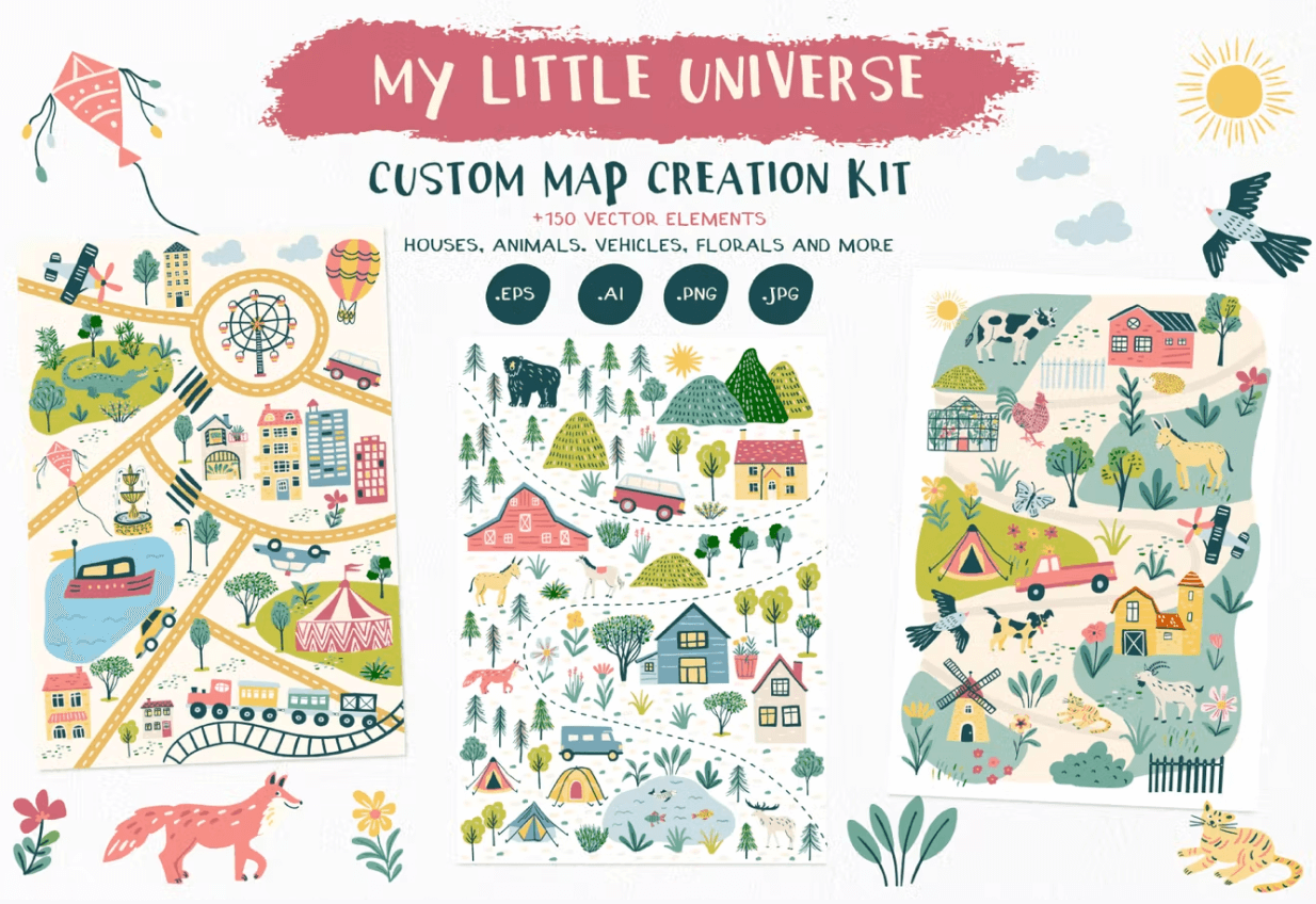 "My Little Universe" custom map creation kit. Made up of illustrations of animals, cities, trees and houses.