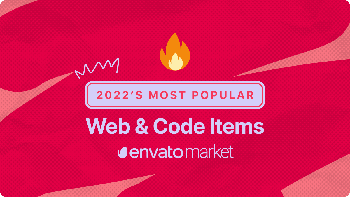 Red background with text overlay. Text reads "2022's Most Popular Web and Code Items". The Envato Market logo is beneath the text.